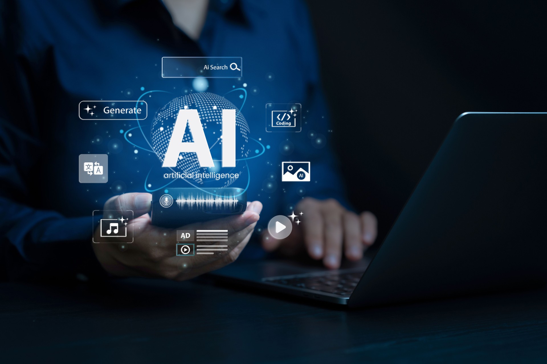 AI Agent, Artificial Intelligence and mobile technology concept. Man using smartphone for content generation, Search, Translate, text, video, music, assistant. Agentic workflows automation. LLM. AD.